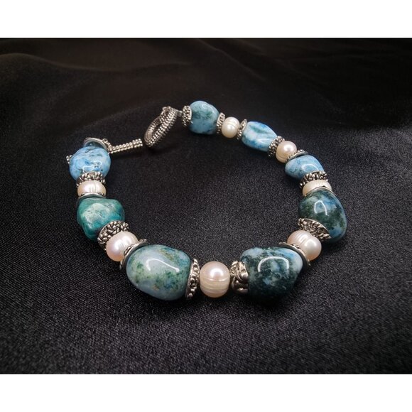 Handcrafted Blue Jasper & Pearl Beaded Bracelet With Heart Toggle Clasp - Picture 2 of 6